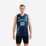 Navy custom basketball jerseys with teal diagonal stripe and halftone dot pattern, team name and number on front, shown front and back on male model