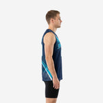 Front view of navy custom basketball jerseys showing teal block lettering team name, white front number, and diagonal teal stripe design on male model