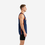 Adult male wearing navy custom basketball jerseys showing orange armhole binding and white front number 00 on solid navy body