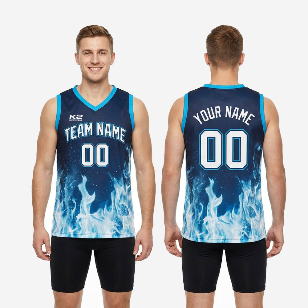 Sublimated Custom Navy Basketball Jerseys - Blue Flame Design