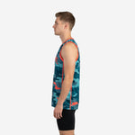 Size and spec chart for navy custom basketball jerseys in camo design, covering youth and adult sizing options
