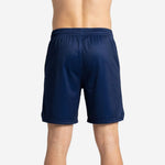 Back view of solid navy custom basketball shorts showing elastic waistband and clean hem finish