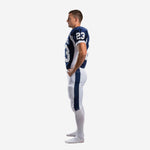 Navy and white football uniform packages alternate side view showing sleeve number placement and close fit of white pants over the knee area