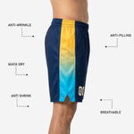 Back view of custom navy and gold basketball shorts with sublimated side panel and elastic waistband detail