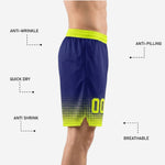 Detail view of the sublimated halftone dot pattern on navy and gold basketball shorts showing the neon gold player number at the right thigh