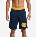 Custom navy and gold basketball shorts front view showing gold elastic waistband, 2-stripe side panel, and sublimated front number on navy body