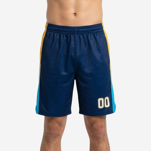 Custom navy and gold basketball shorts with gradient side panel and player number on front thigh, front view