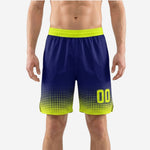 Custom navy and gold basketball shorts front view showing halftone dot fade from navy hip to neon gold hem with player number at right thigh