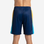 Left side view of personalized navy and gold basketball shorts displaying elastic waistband and side split at leg opening