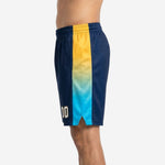 Right side view of custom navy basketball shorts with sublimated gold and blue gradient stripe running waistband to hem