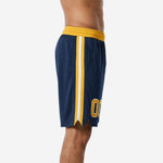 Side view of custom navy and gold basketball shorts showing full-length gold and white side stripe tapering into notched hem split