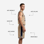 Full set view of custom pinstripe gold and navy basketball uniform jersey and shorts laid out together