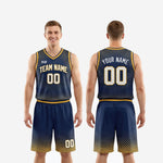 Size and specification sheet for custom navy and gold basketball uniforms showing youth and adult size run measurements