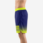 Second side view of navy and gold custom basketball shorts displaying the neon gold elastic waistband and full halftone fade pattern