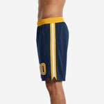 Opposite side view of navy and gold team basketball shorts showing side stripe placement and elastic waistband detail