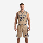 Custom navy and gold basketball uniforms with pinstripe pattern, V-neck jersey and matching shorts, front view on adult male model