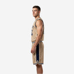 Opposite side view of custom navy and gold basketball uniform set showing pinstripe shorts and athletic cut jersey