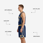 Back view of the navy and gold reversible basketball uniform showing back number placement and shorts waistband detail