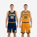 Detail shot of navy jersey honeycomb hex pattern with gold cell outlines and white front number on reversible basketball uniform