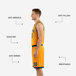 Close-up of navy and gold matching basketball shorts showing honeycomb hex pattern on lower leg panels and full gold hem band