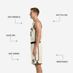 Close-up detail of the matching shorts showing gold waistband band, side stripe, and player number on shorts leg