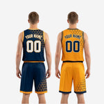 Size and specification sheet for navy and gold custom reversible basketball uniform set with youth and adult sizing