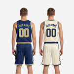 Size and specification sheet for the navy and gold reversible basketball uniform covering youth and adult sizing