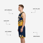 Back view of the navy and gold reversible basketball uniform set showing player name and number placement on the jersey