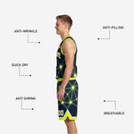 Back view of navy reversible basketball jersey showing player name and number placement above star-burst geometric pattern in neon gold