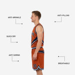 Back view of navy and gold reversible basketball uniforms showing back number and player name print zones on both jersey sides