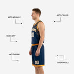 Back view of navy and gold custom reversible basketball uniform showing back number placement and gold armhole trim