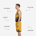 Close-up detail of the diagonal claw-mark graphic on the navy and gold reversible jersey front panel