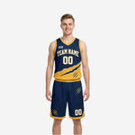 Navy and gold reversible basketball uniforms front view showing diagonal claw-mark graphic navy jersey and matching navy shorts with gold hem band