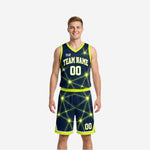 Navy and gold reversible basketball uniforms with star-burst geometric pattern showing navy side front and gold reverse side, full set front and back