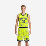 Custom navy and gold reversible basketball uniform front view showing neon gold star-burst lines on navy jersey and matching shorts with player number