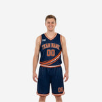 Navy and gold reversible basketball uniforms navy side front showing orange diagonal slash team name arc and front number on adult male model