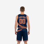 Other side view of custom reversible basketball uniform set showing orange and navy color contrast and white hem stripe on shorts