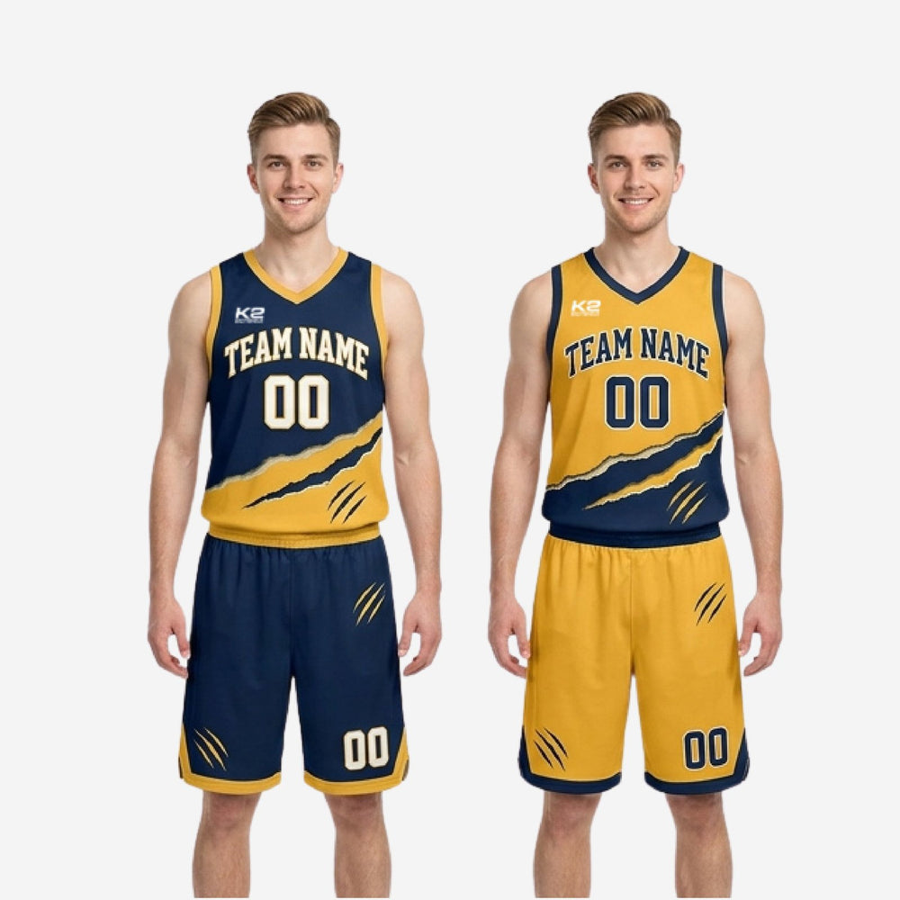 Side Panel Custom Navy and Gold Reversible Basketball Uniforms