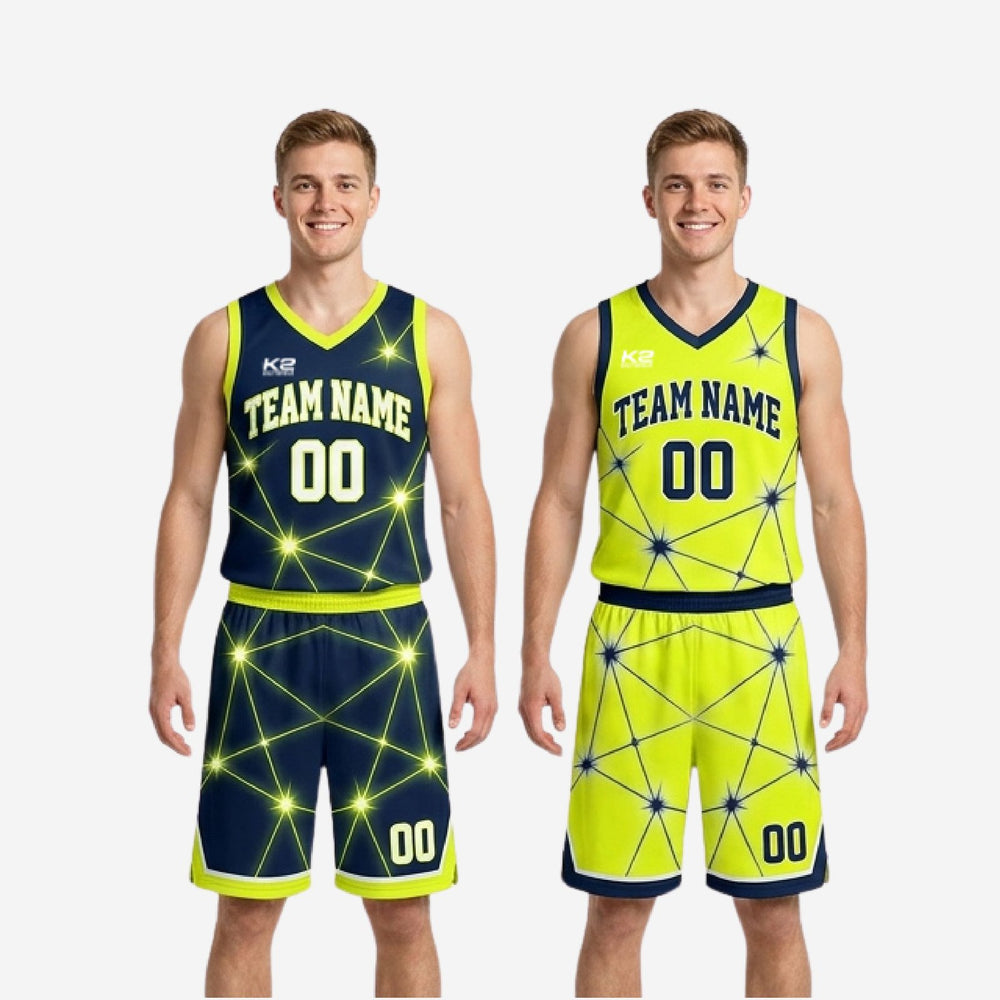 Star Print Custom Navy and Gold Reversible Basketball Uniforms - Two Looks