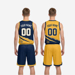 Size and specification sheet for the navy and gold custom reversible basketball uniform set