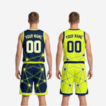 Size and specification sheet for navy and gold reversible basketball uniforms showing youth and adult sizing chart for team orders