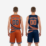 Size and specification sheet for custom orange and navy reversible basketball uniform set youth and adult sizes available