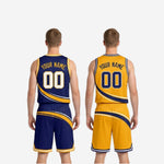 Size and specification sheet for the custom reversible club basketball uniform set in navy and gold