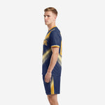 Navy blue soccer uniform set with gold graphic design, opposite side view, full sublimation