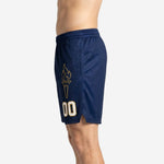 Opposite side view of custom navy basketball shorts showing clean solid navy panel and hem finish with side split