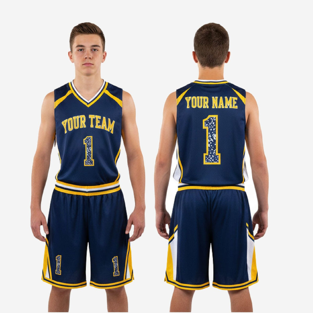 Side Panel Custom Navy and Gold Youth Basketball Uniforms