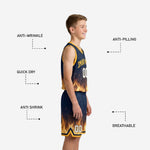 Back view of navy and gold youth basketball jersey showing back player name and number placement above flame hem print