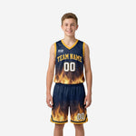 Navy and gold youth basketball uniforms full set front and back showing flame sublimation team name and player number