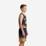 Front view of custom navy and gold youth basketball uniform with gold V-neck binding and arched team name on chest