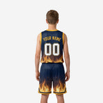 Opposite side view of youth basketball uniform set in navy and gold with flame shorts hem detail and drawcord waistband